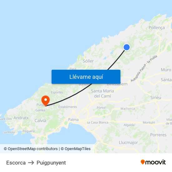 Escorca to Puigpunyent map