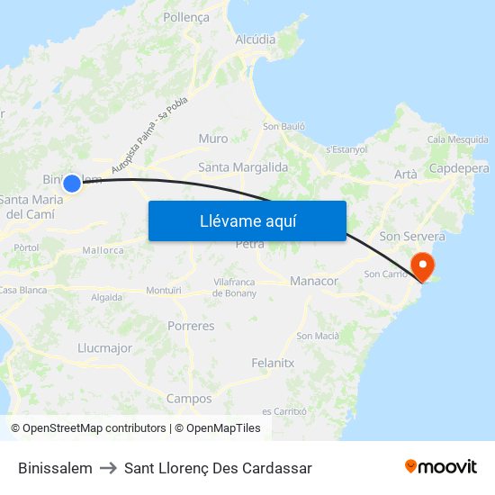 Binissalem to Sant Llorenç Des Cardassar map