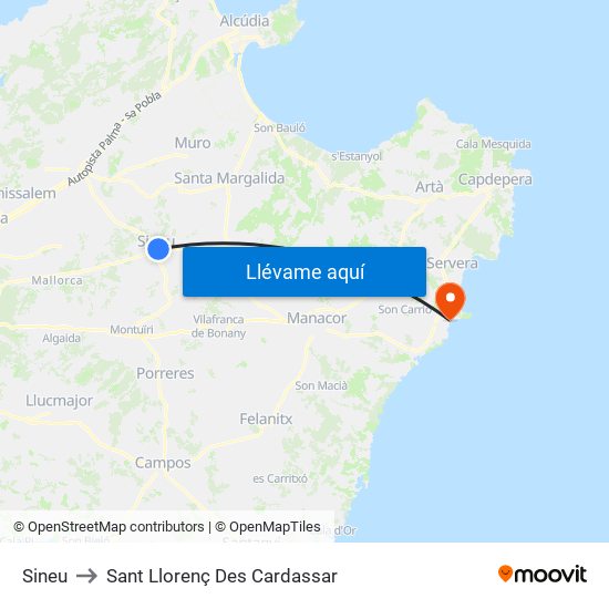 Sineu to Sant Llorenç Des Cardassar map