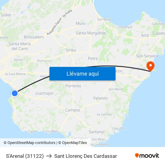 S'Arenal (31122) to Sant Llorenç Des Cardassar map