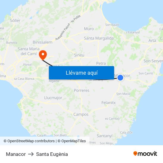 Manacor to Santa Eugènia map