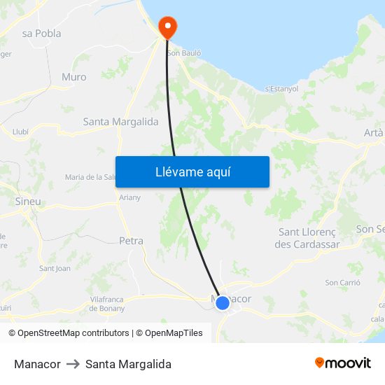 Manacor to Santa Margalida map