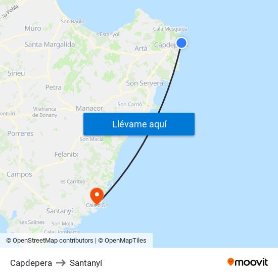 Capdepera to Santanyí map