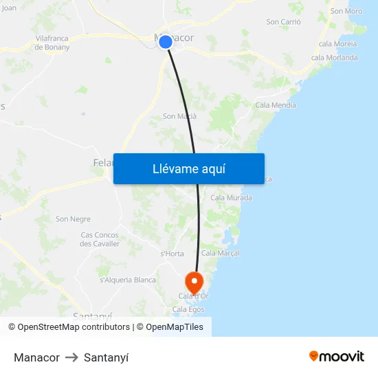 Manacor to Santanyí map