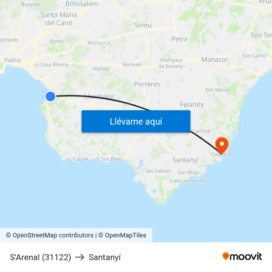 S'Arenal (31122) to Santanyí map