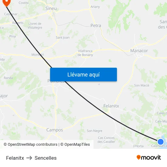 Felanitx to Sencelles map