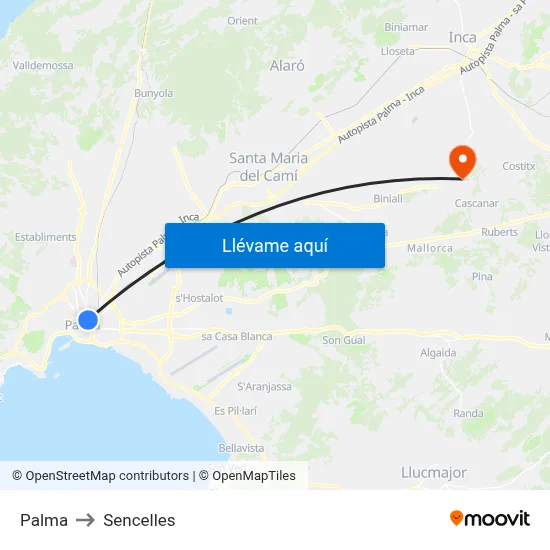 Palma to Sencelles map