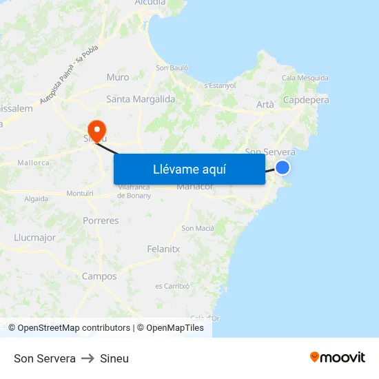 Son Servera to Sineu map