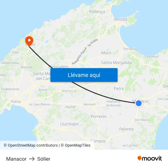 Manacor to Sóller map