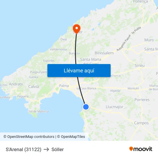 S'Arenal (31122) to Sóller map