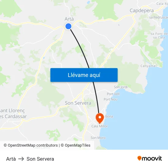 Artà to Son Servera map