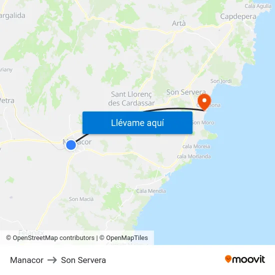 Manacor to Son Servera map