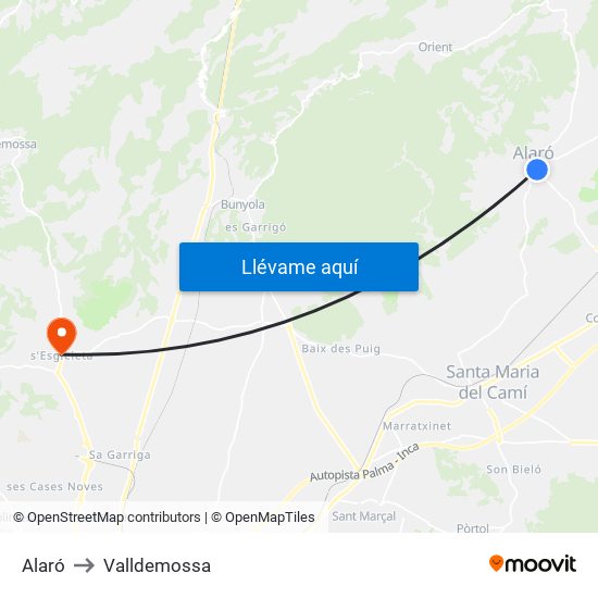 Alaró to Valldemossa map
