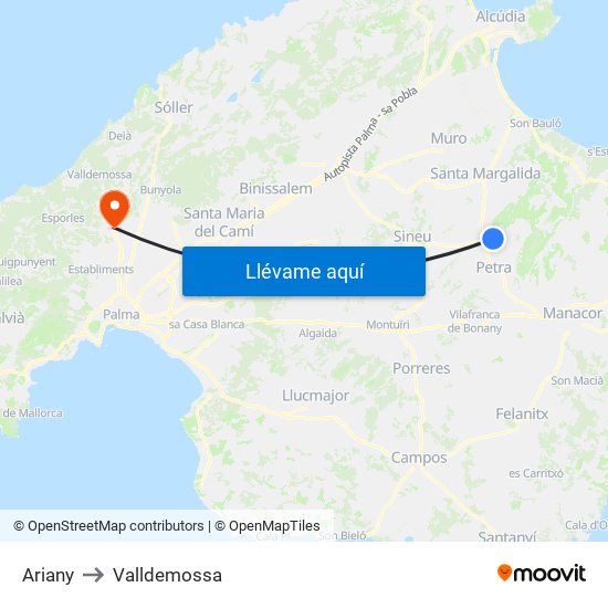 Ariany to Valldemossa map