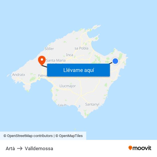 Artà to Valldemossa map