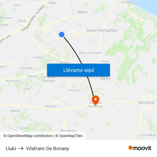 Llubí to Vilafranc De Bonany map