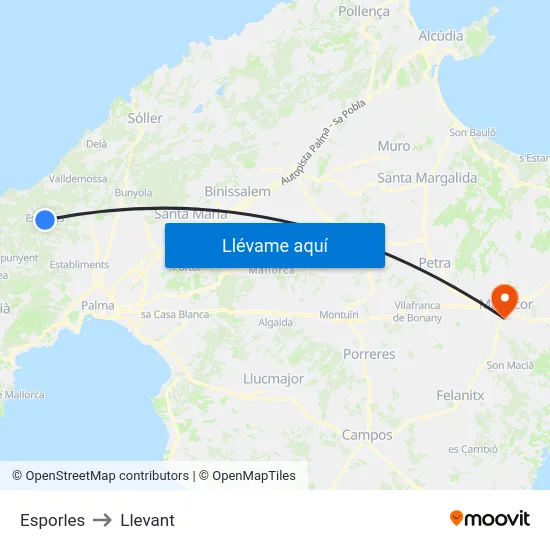 Esporles to Llevant map