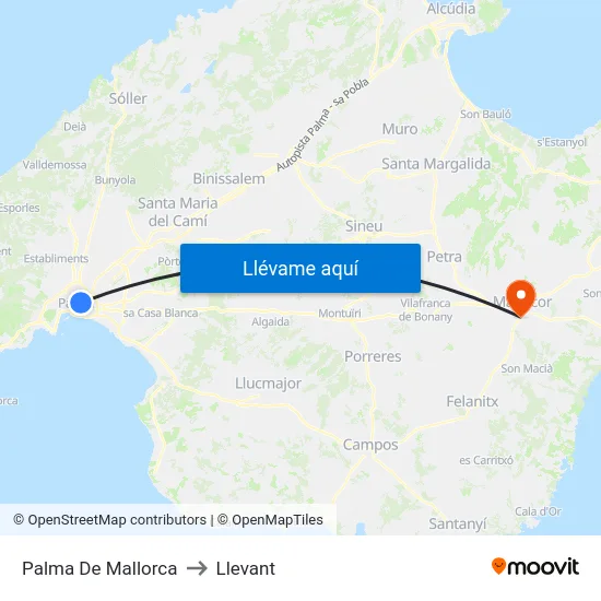 Palma De Mallorca to Llevant map