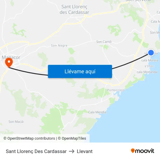 Sant Llorenç Des Cardassar to Llevant map