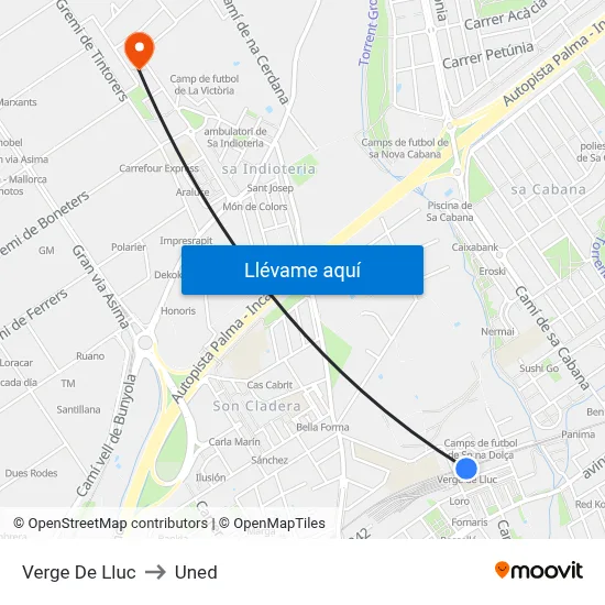 Verge De Lluc to Uned map