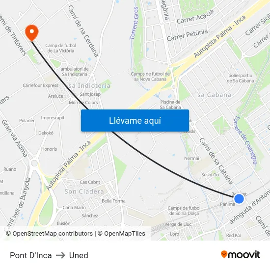 Pont D'Inca to Uned map