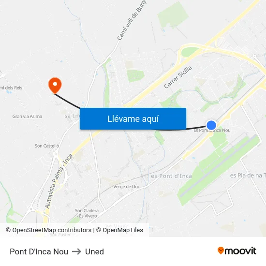 Pont D'Inca Nou to Uned map
