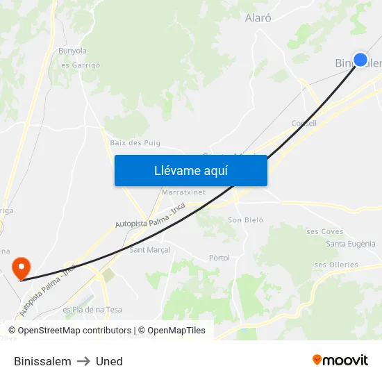 Binissalem to Uned map