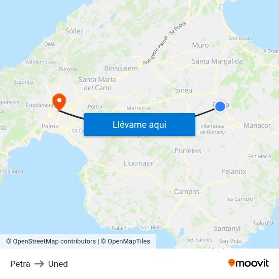 Petra to Uned map