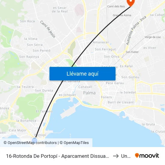 16-Rotonda De Portopí - Aparcament Dissuasiu to Uned map