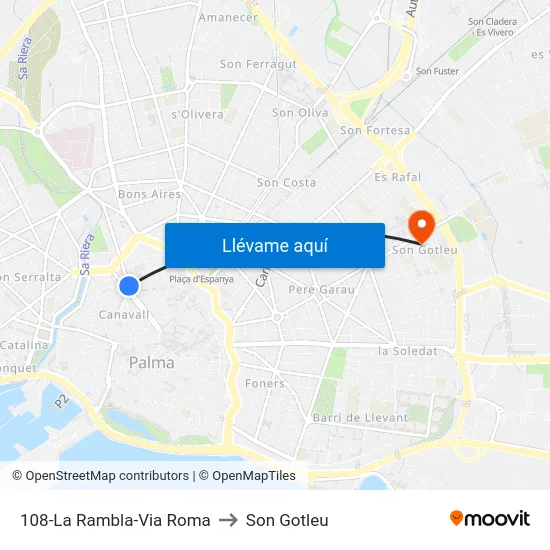 108-La Rambla-Via Roma to Son Gotleu map