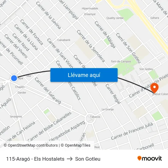 115-Aragó - Els Hostalets to Son Gotleu map