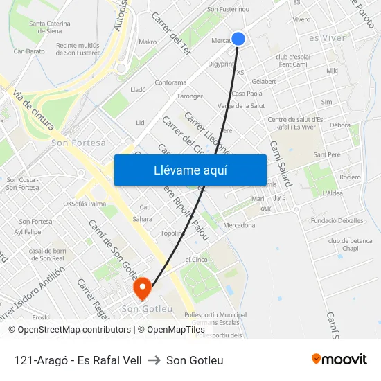 121-Aragó - Es Rafal Vell to Son Gotleu map