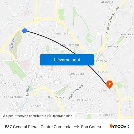537-General Riera - Centre Comercial to Son Gotleu map