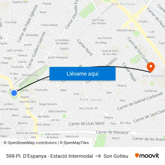 598-Pl. D'Espanya - Estació Intermodal to Son Gotleu map