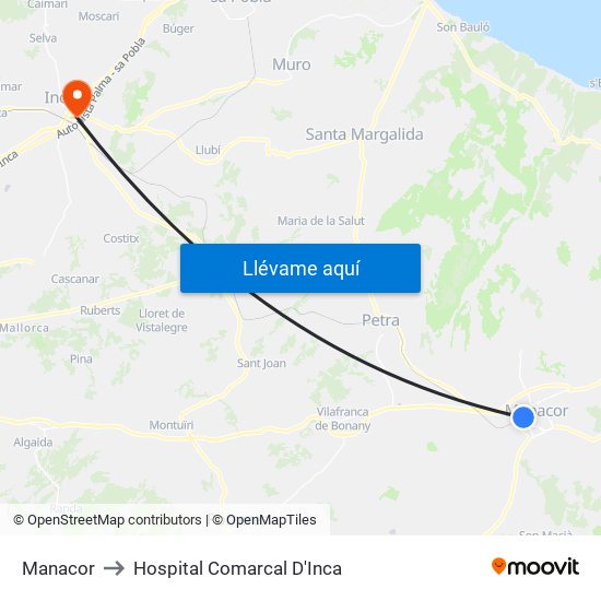Manacor to Hospital Comarcal D'Inca map