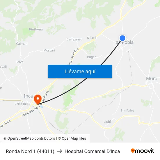 Ronda Nord 1 (44011) to Hospital Comarcal D'Inca map
