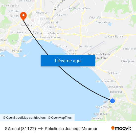 S'Arenal (31122) to Policlínica Juaneda Miramar map