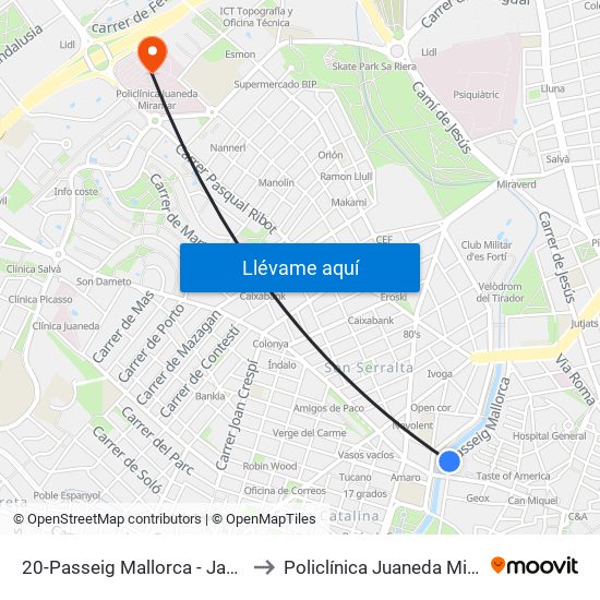 20-Passeig Mallorca - Jaume III to Policlínica Juaneda Miramar map