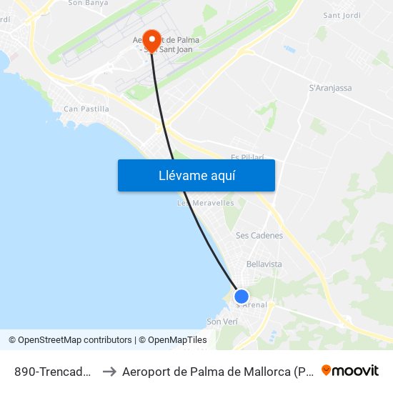 890-Trencadors - Sant Cristofol to Aeroport de Palma de Mallorca (PMI) (Aeropuerto de Palma de Mallorca) map