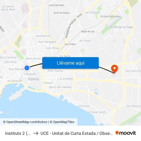 Instituts 2 (40022) to UCE - Unitat de Curta Estada / Observació Urgències map