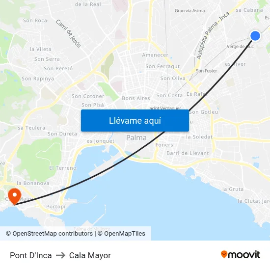 Pont D'Inca to Cala Mayor map