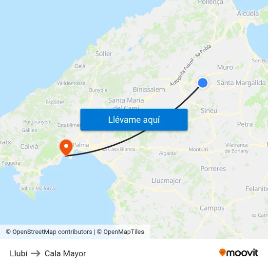 Llubí to Cala Mayor map