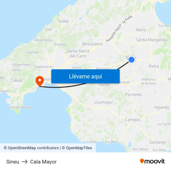 Sineu to Cala Mayor map