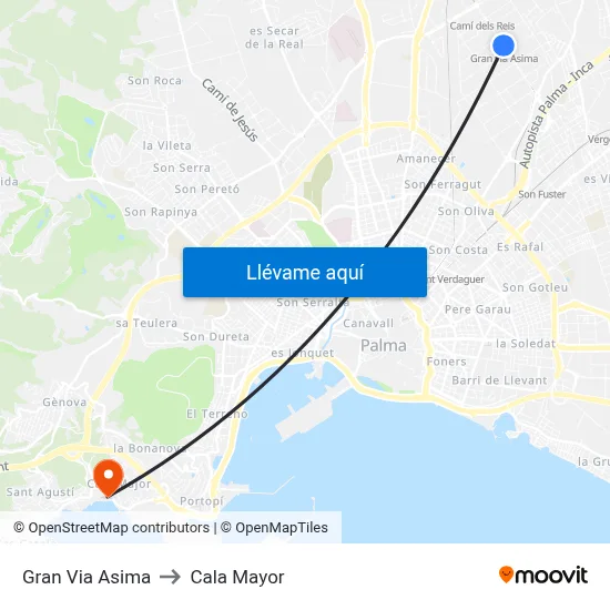 Gran Via Asima to Cala Mayor map