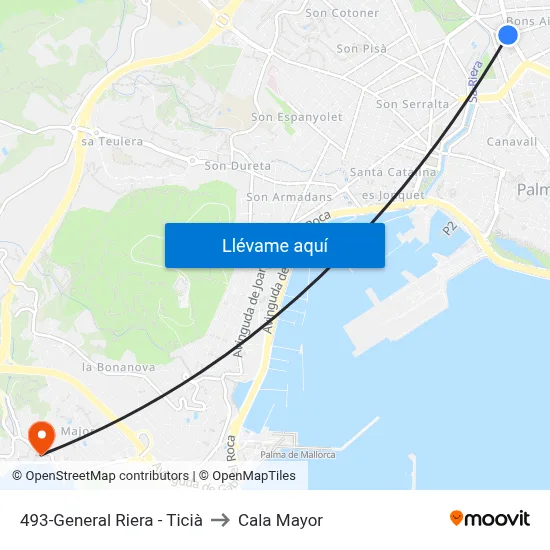 493-General Riera - Ticià to Cala Mayor map