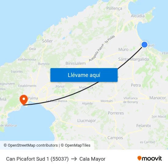 Can Picafort Sud 1 (55037) to Cala Mayor map