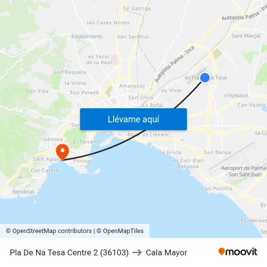 Pla De Na Tesa Centre 2 (36103) to Cala Mayor map