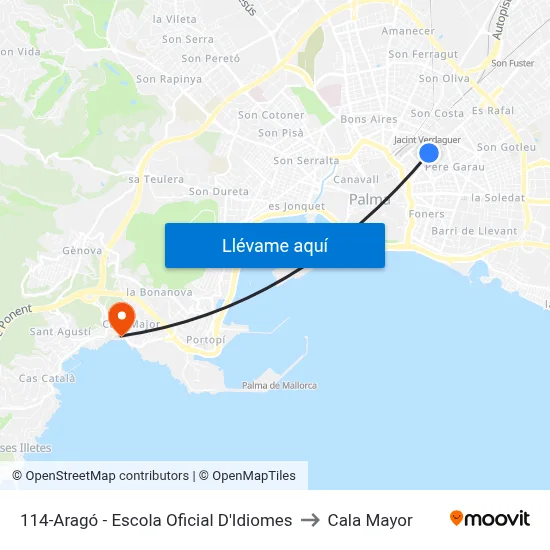 114-Aragó - Escola Oficial D'Idiomes to Cala Mayor map