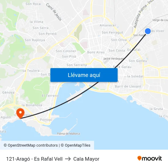 121-Aragó - Es Rafal Vell to Cala Mayor map