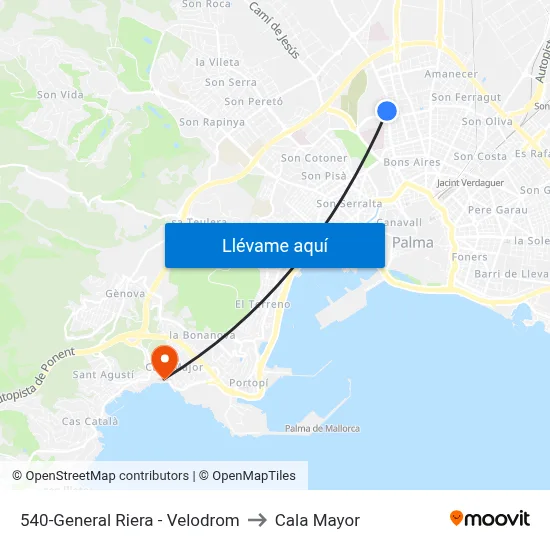 540-General Riera - Velodrom to Cala Mayor map